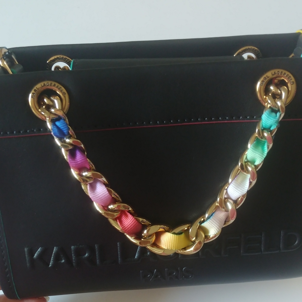 Karl Lagerfeld Black Bag with Colorful Chain Handle And Crossbody Strap Leather